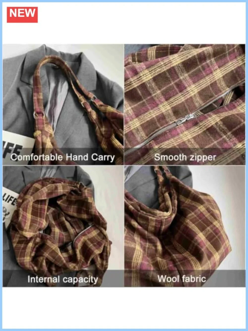 Woolen Plaid Tote Bag Purse Women's Slouchy Hobo Shoulder Bag